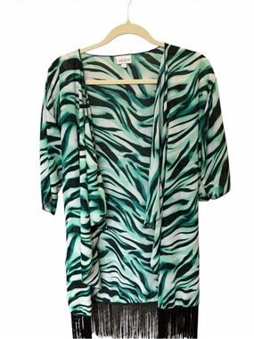 LuLaRoe Green Black White Zebra-Print Open Front Kimono with Fringe